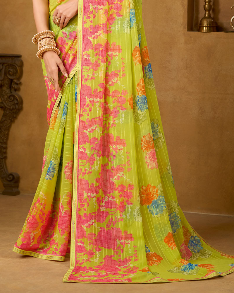 Vishal Prints Light Greenish Yellow Printed Patterened Georgette Saree With Fancy Border