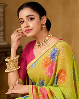 Vishal Prints Light Greenish Yellow Printed Patterened Georgette Saree With Fancy Border