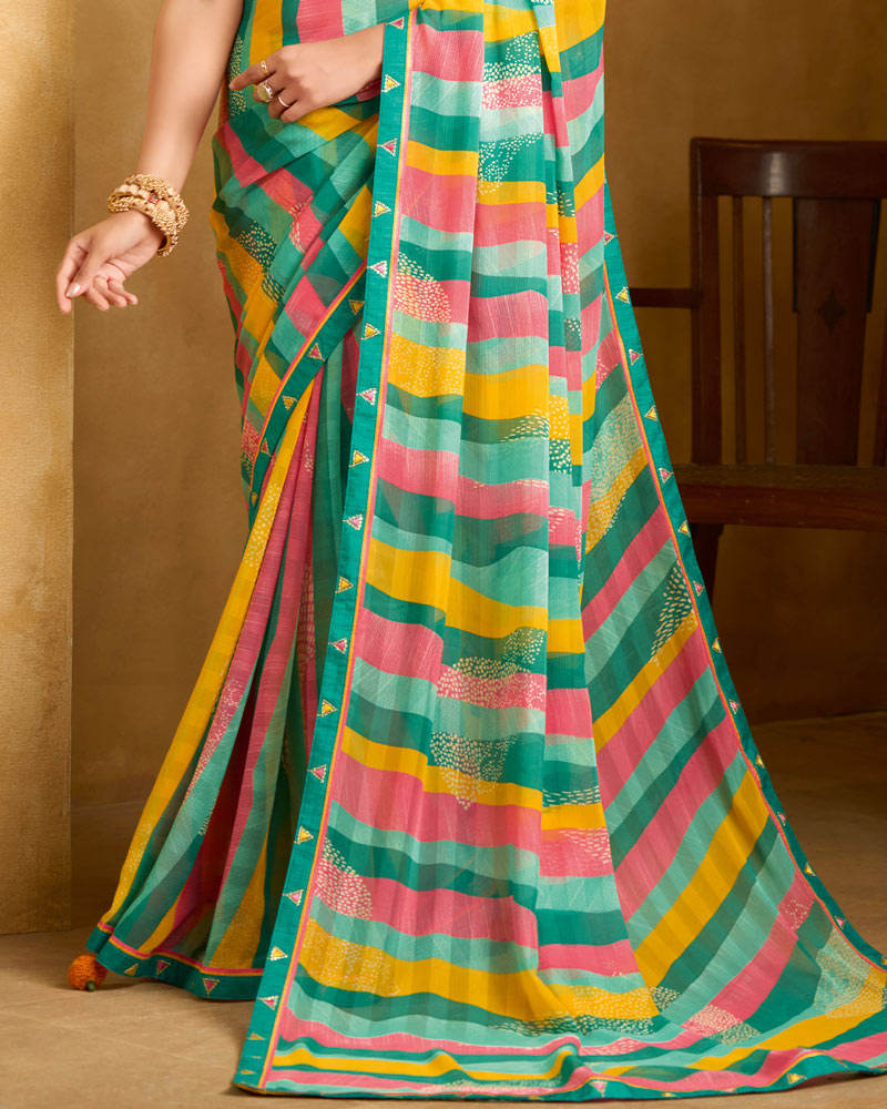Vishal Prints Persian Green Printed Patterened Georgette Saree With Fancy Border