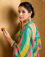 Vishal Prints Persian Green Printed Patterened Georgette Saree With Fancy Border