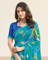 Vishal Prints Teal Blue Printed Patterned Georgette Digital Print Saree With Fancy Border