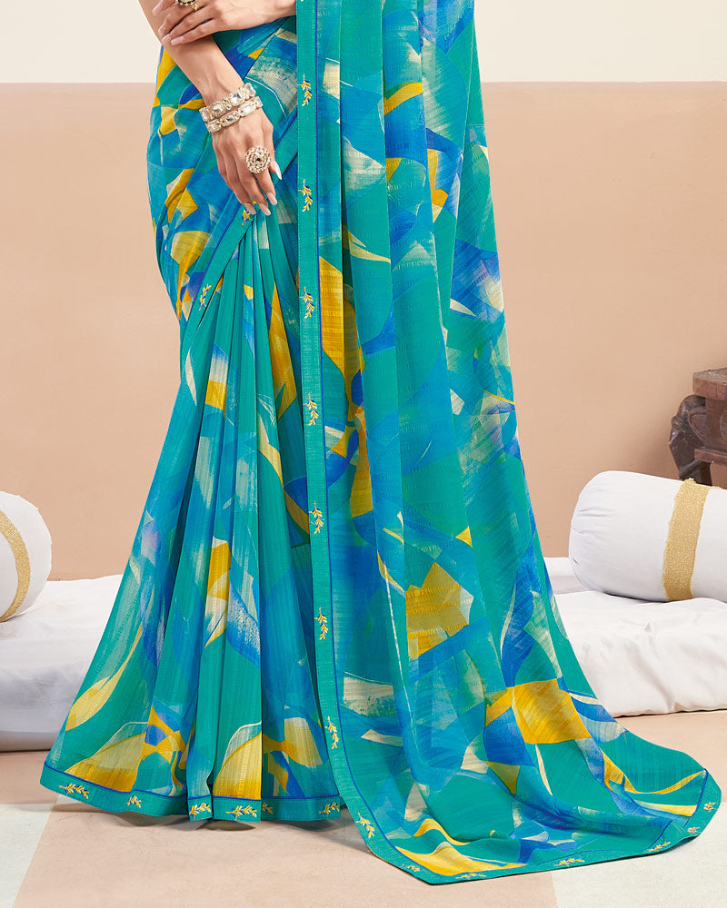 Vishal Prints Teal Blue Printed Patterned Georgette Digital Print Saree With Fancy Border