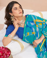 Vishal Prints Teal Blue Printed Patterned Georgette Digital Print Saree With Fancy Border