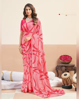 Vishal Prints Coral Pink Printed Patterned Georgette Digital Print Saree With Fancy Border