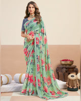 Vishal Prints Soft Mint Green Printed Patterned Georgette Digital Print Saree With Fancy Border