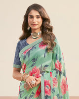 Vishal Prints Soft Mint Green Printed Patterned Georgette Digital Print Saree With Fancy Border