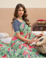 Vishal Prints Soft Mint Green Printed Patterned Georgette Digital Print Saree With Fancy Border