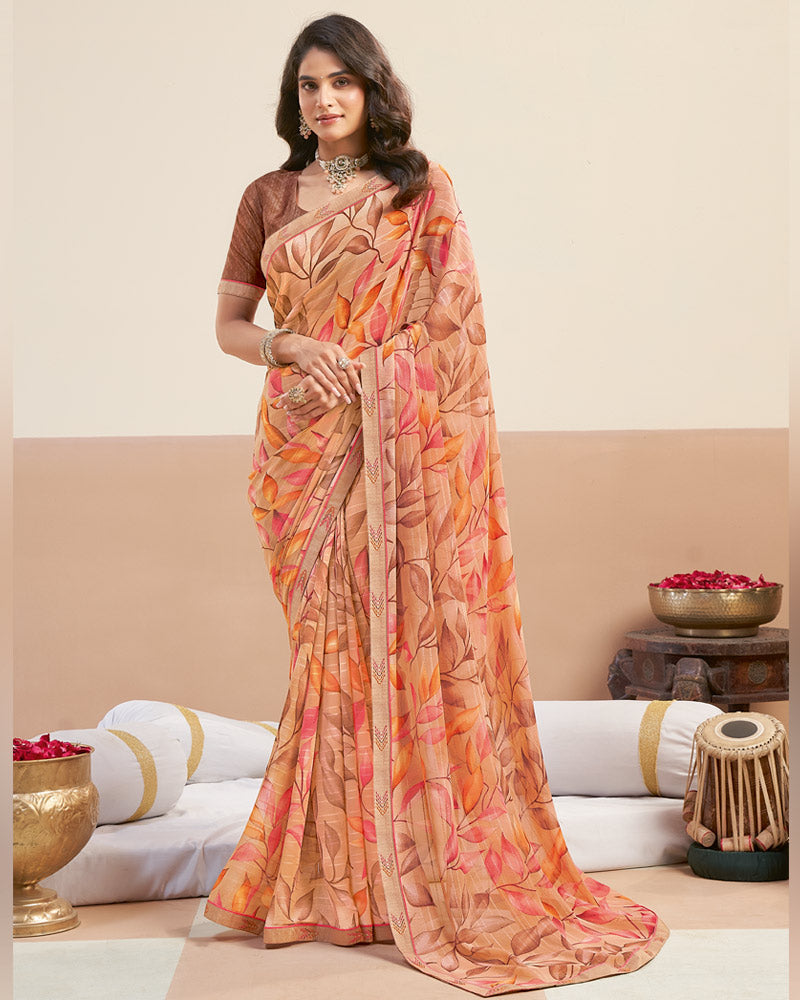 Vishal Prints Pastel Orange Printed Patterned Georgette Digital Print Saree With Fancy Border
