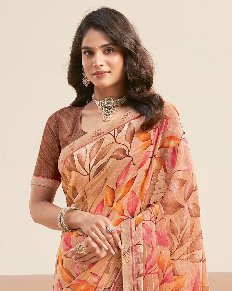 Vishal Prints Pastel Orange Printed Patterned Georgette Digital Print Saree With Fancy Border