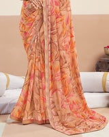 Vishal Prints Pastel Orange Printed Patterned Georgette Digital Print Saree With Fancy Border