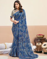 Vishal Prints Ink Blue Printed Patterned Georgette Digital Print Saree With Fancy Border
