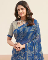 Vishal Prints Ink Blue Printed Patterned Georgette Digital Print Saree With Fancy Border
