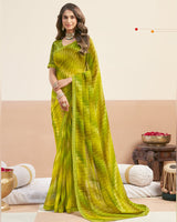 Vishal Prints Olive Green Printed Patterned Georgette Digital Print Saree With Fancy Border
