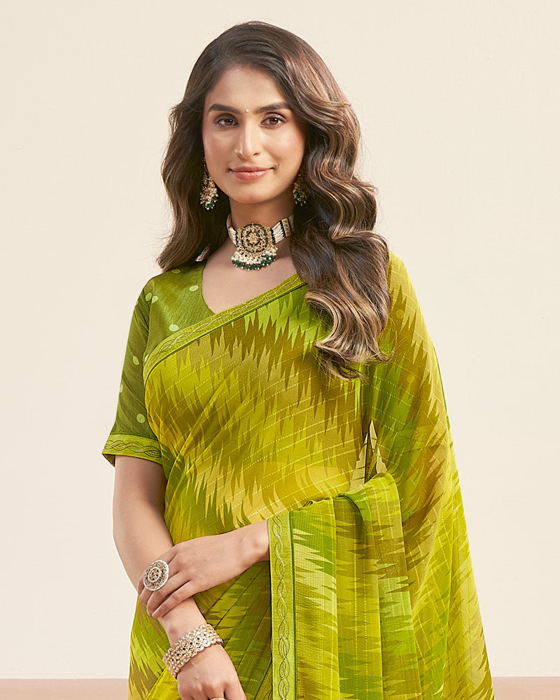 Vishal Prints Olive Green Printed Patterned Georgette Digital Print Saree With Fancy Border