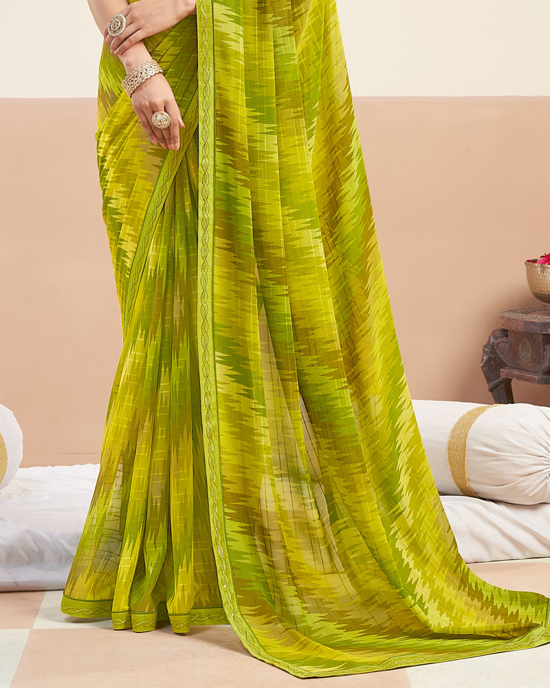 Vishal Prints Olive Green Printed Patterned Georgette Digital Print Saree With Fancy Border