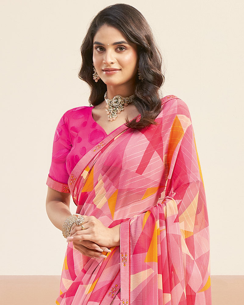 Vishal Prints Rose Pink Printed Patterned Georgette Digital Print Saree With Fancy Border