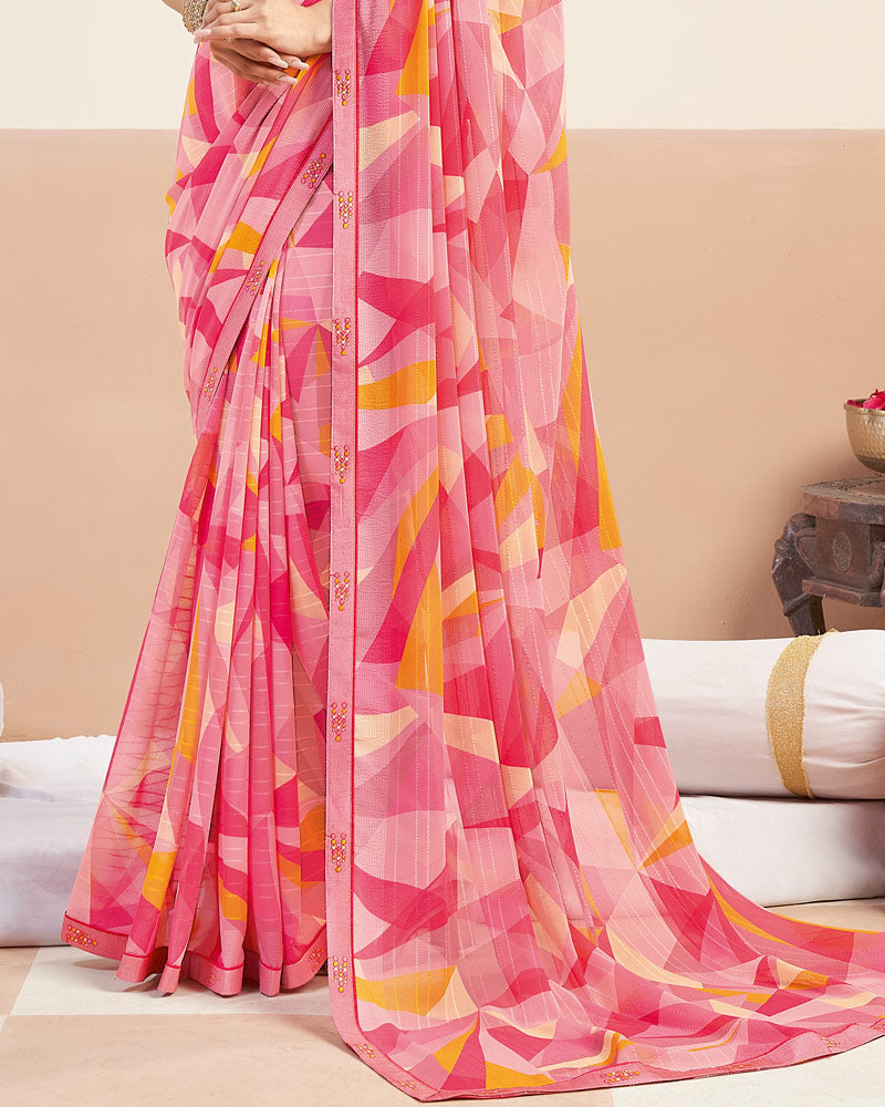 Vishal Prints Rose Pink Printed Patterned Georgette Digital Print Saree With Fancy Border