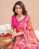Vishal Prints Rose Pink Printed Patterned Georgette Digital Print Saree With Fancy Border