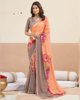 Vishal Prints Peachy Orange Printed Patterned Georgette Digital Print Saree With Fancy Border