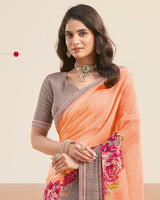 Vishal Prints Peachy Orange Printed Patterned Georgette Digital Print Saree With Fancy Border