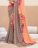 Vishal Prints Peachy Orange Printed Patterned Georgette Digital Print Saree With Fancy Border