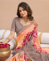 Vishal Prints Peachy Orange Printed Patterned Georgette Digital Print Saree With Fancy Border