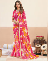 Vishal Prints Fuchsia Pink Printed Patterned Georgette Digital Print Saree With Fancy Border