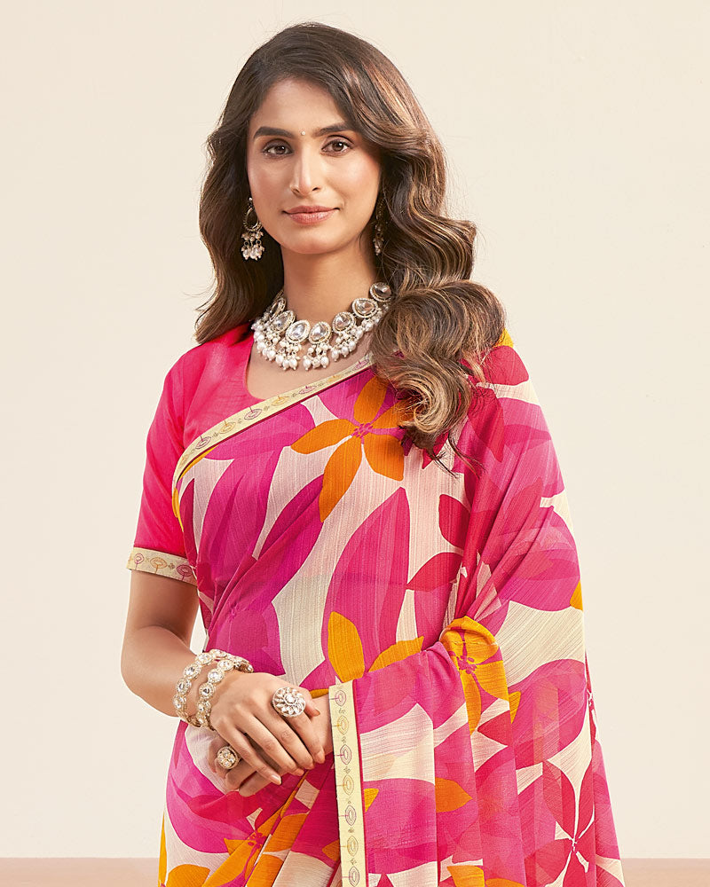 Vishal Prints Fuchsia Pink Printed Patterned Georgette Digital Print Saree With Fancy Border