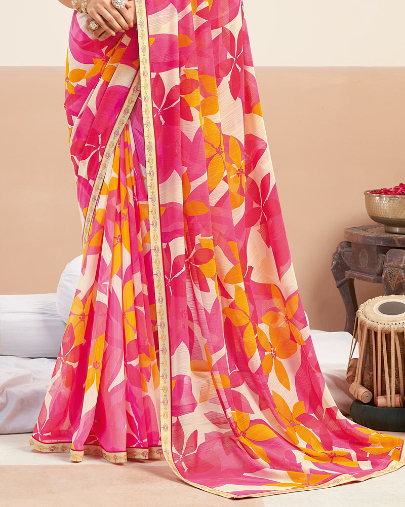 Vishal Prints Fuchsia Pink Printed Patterned Georgette Digital Print Saree With Fancy Border