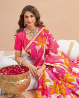 Vishal Prints Fuchsia Pink Printed Patterned Georgette Digital Print Saree With Fancy Border
