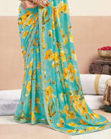 Vishal Prints Sea Green Printed Patterned Georgette Digital Print Saree With Fancy Border