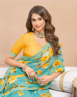 Vishal Prints Sea Green Printed Patterned Georgette Digital Print Saree With Fancy Border