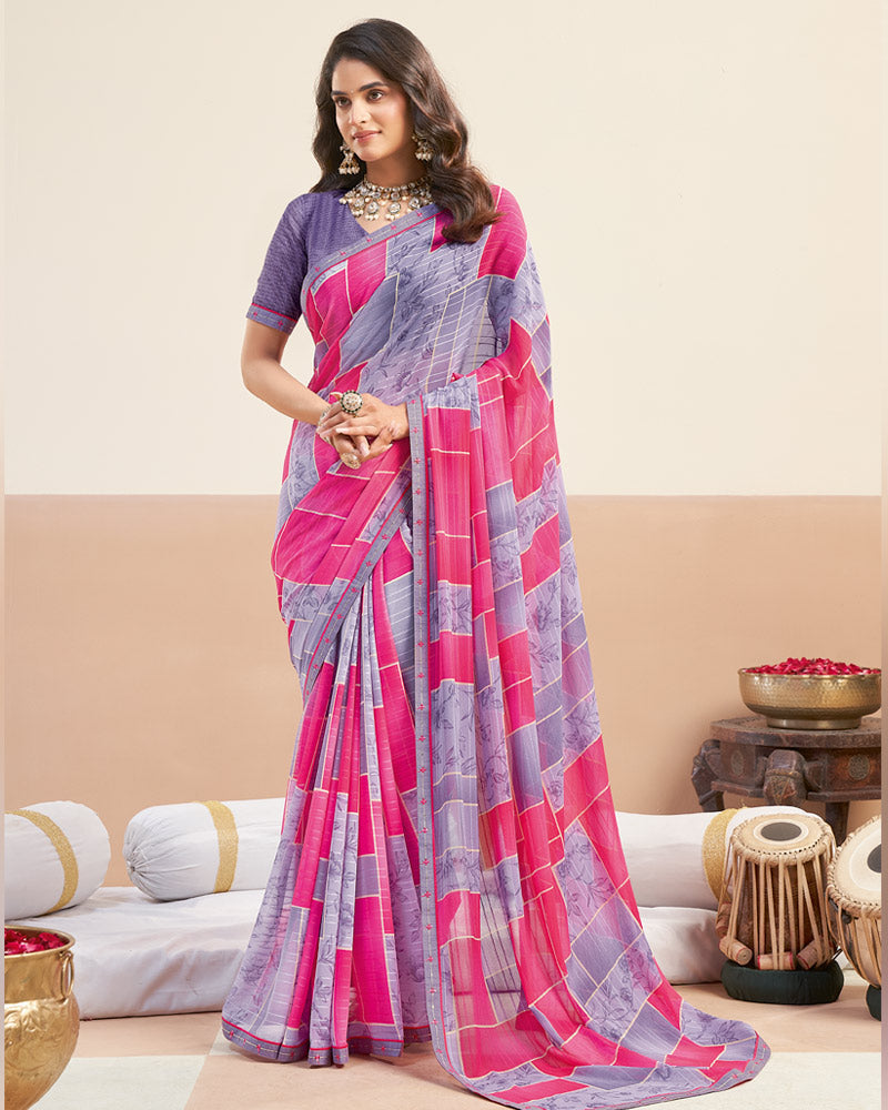 Vishal Prints Purple Grey Printed Patterned Georgette Digital Print Saree With Fancy Border
