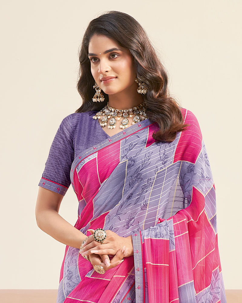 Vishal Prints Purple Grey Printed Patterned Georgette Digital Print Saree With Fancy Border