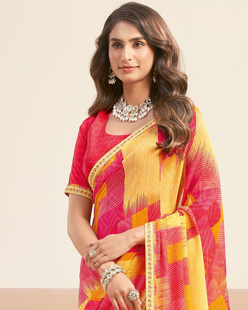 Vishal Prints Apricot Yellow Printed Patterned Georgette Digital Print Saree With Fancy Border