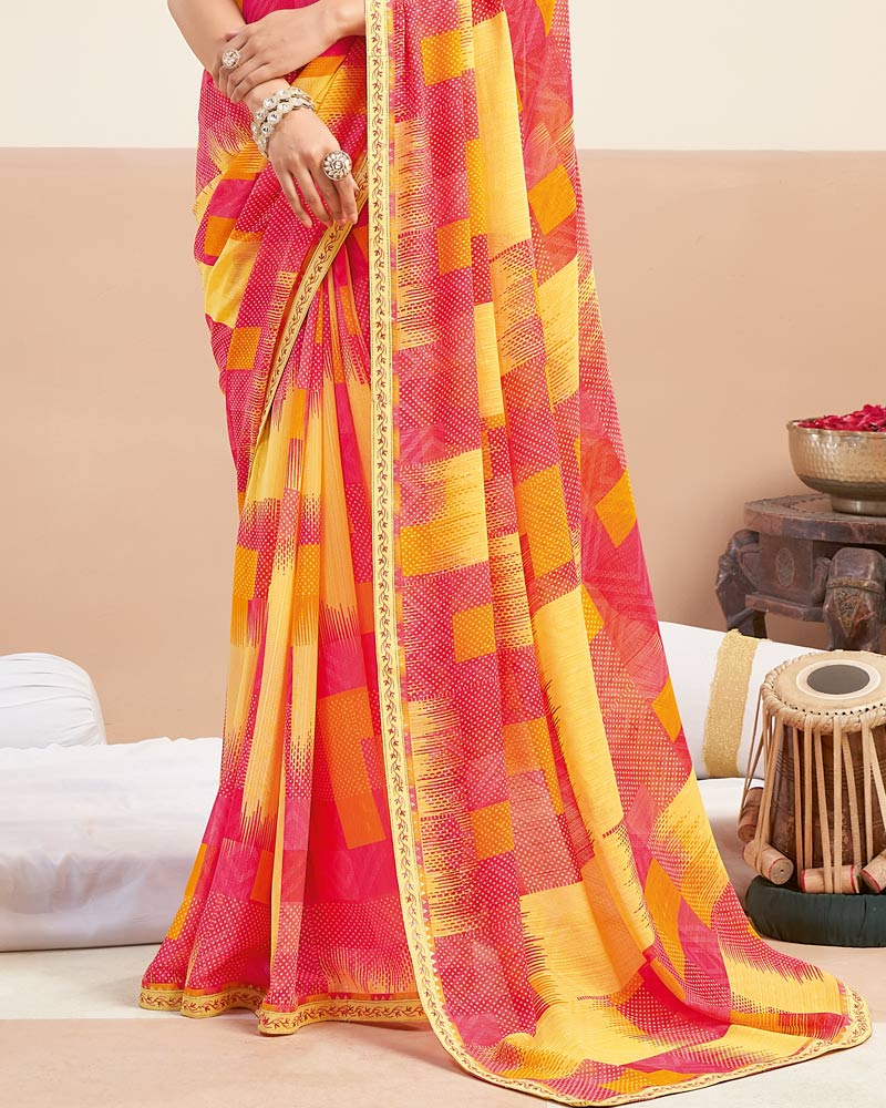 Vishal Prints Apricot Yellow Printed Patterned Georgette Digital Print Saree With Fancy Border