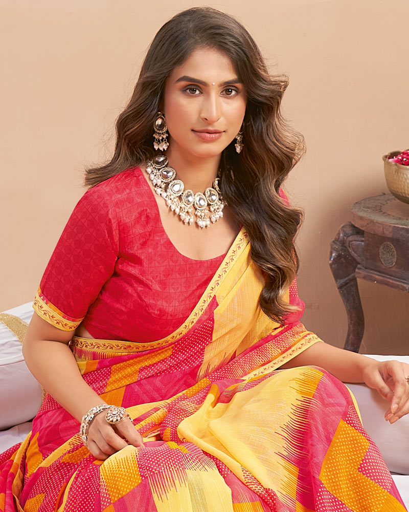 Vishal Prints Apricot Yellow Printed Patterned Georgette Digital Print Saree With Fancy Border