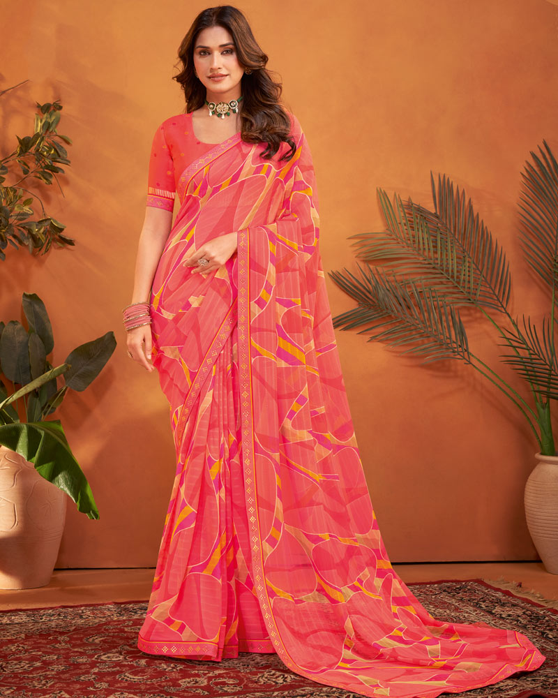 Vishal Prints Salmon Pink Patterned Georgette Printed Saree With Fancy Embroidery Border