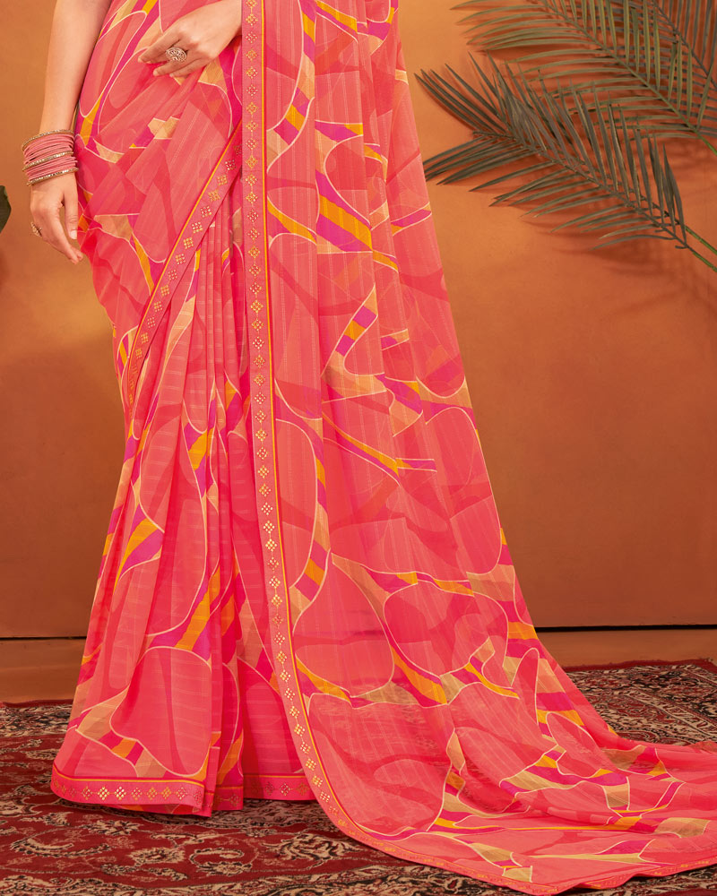 Vishal Prints Salmon Pink Patterned Georgette Printed Saree With Fancy Embroidery Border