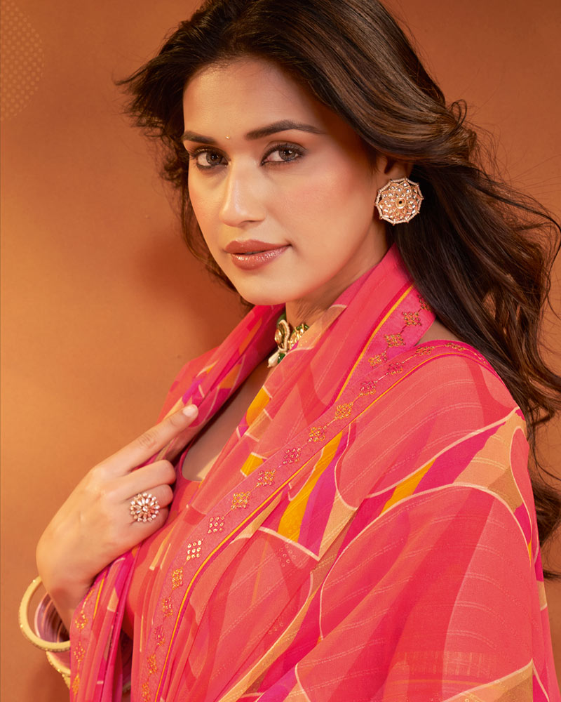 Vishal Prints Salmon Pink Patterned Georgette Printed Saree With Fancy Embroidery Border