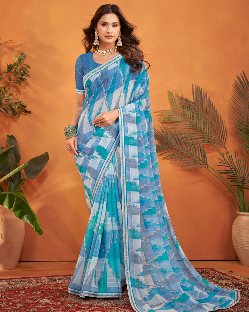 Vishal Prints French Blue Patterned Georgette Printed Saree With Fancy Embroidery Border