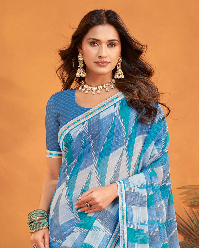Vishal Prints French Blue Patterned Georgette Printed Saree With Fancy Embroidery Border