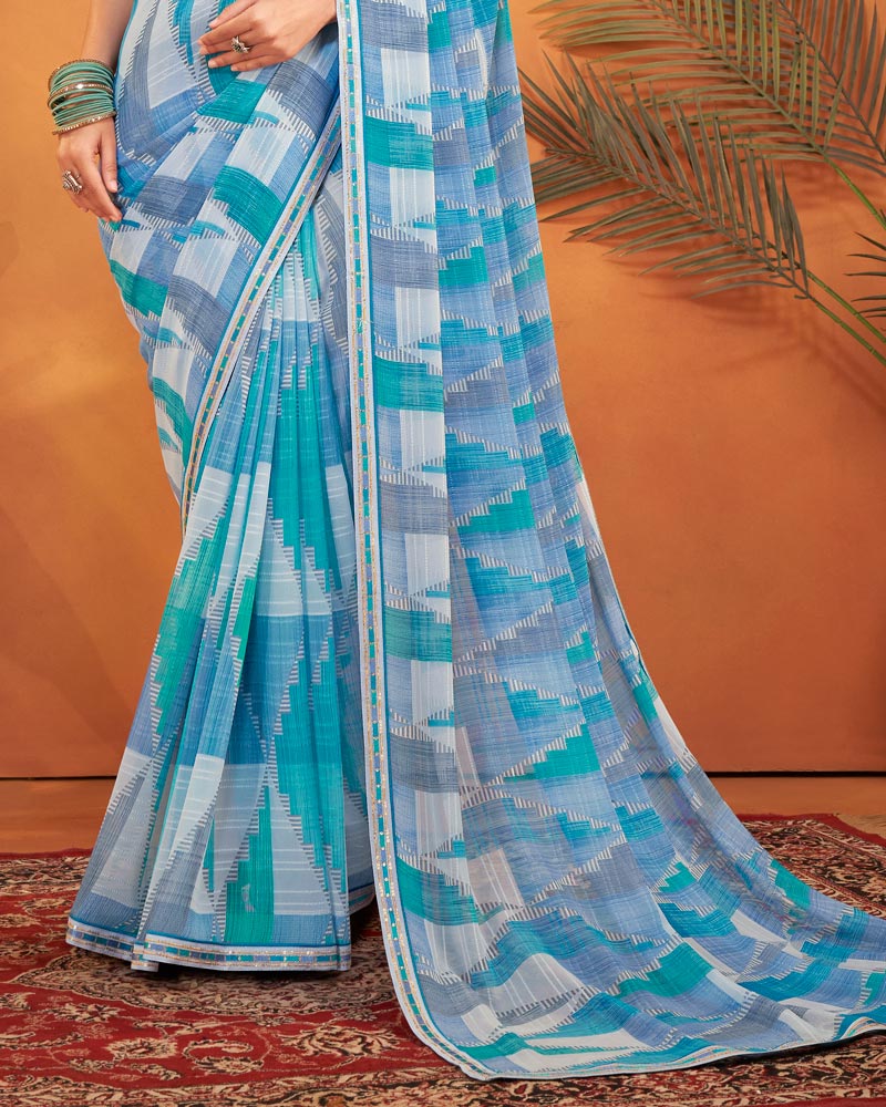 Vishal Prints French Blue Patterned Georgette Printed Saree With Fancy Embroidery Border