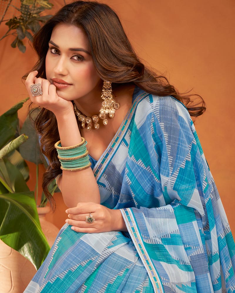Vishal Prints French Blue Patterned Georgette Printed Saree With Fancy Embroidery Border