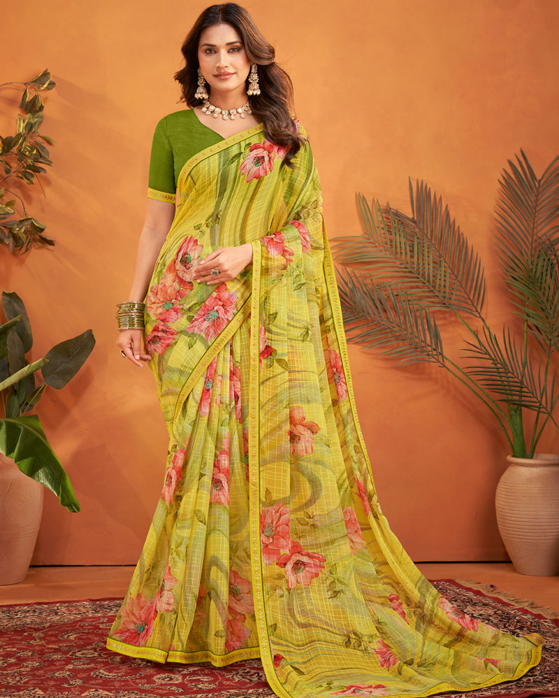Vishal Prints Olive Yellow Patterned Georgette Printed Saree With Fancy Embroidery Border