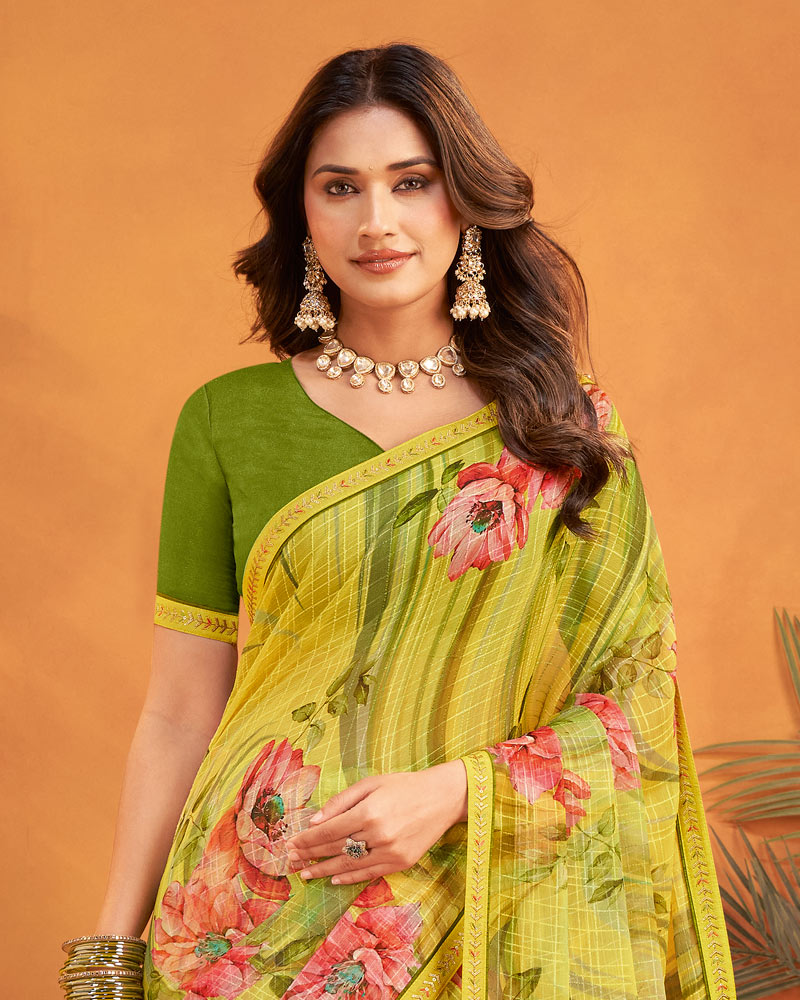 Vishal Prints Olive Yellow Patterned Georgette Printed Saree With Fancy Embroidery Border