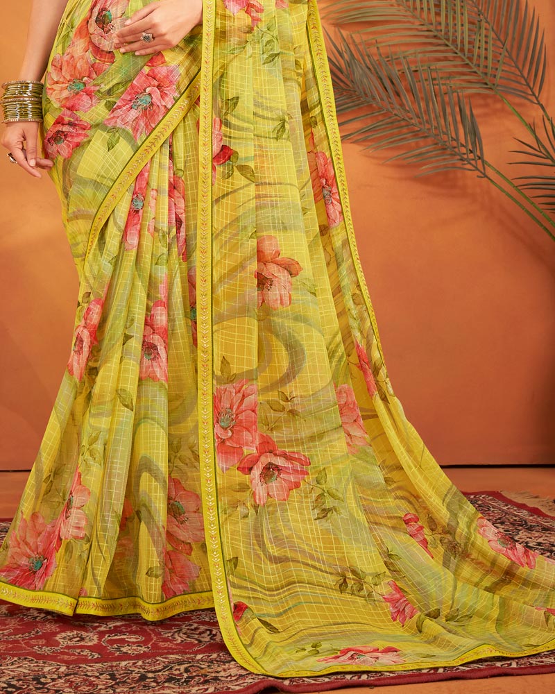 Vishal Prints Olive Yellow Patterned Georgette Printed Saree With Fancy Embroidery Border
