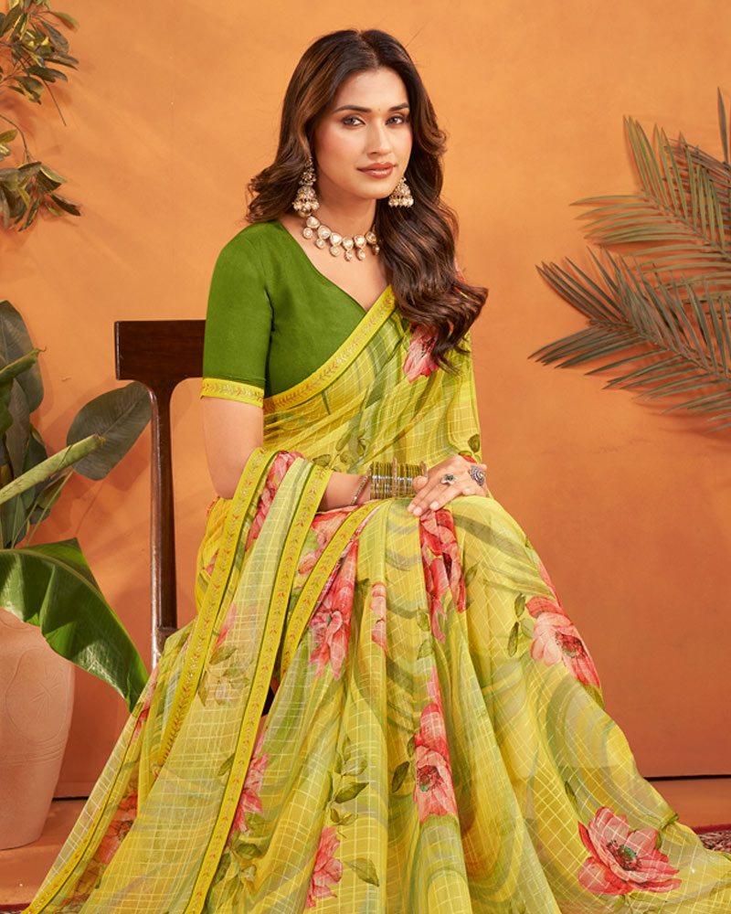 Vishal Prints Olive Yellow Patterned Georgette Printed Saree With Fancy Embroidery Border