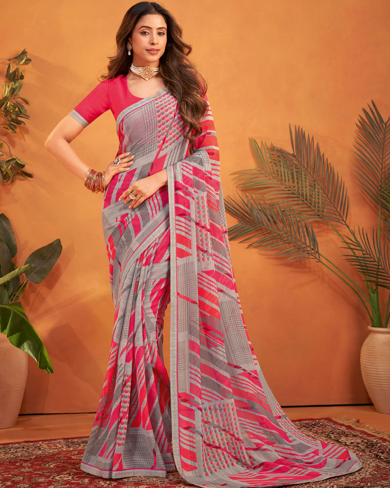 Vishal Prints Oriental Pink Patterned Georgette Printed Saree With Fancy Embroidery Border