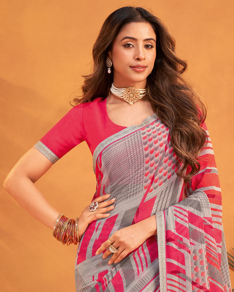 Vishal Prints Oriental Pink Patterned Georgette Printed Saree With Fancy Embroidery Border